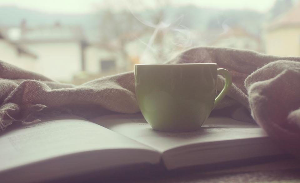 A steaming mug of tea, a heavy blanket and a good book